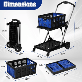 Collapsible Shopping Cart with 1 Bins Grocery Cart on Wheels Multi Use Two Tier Folding Cart for Farmers Market,Kitchen,Grocery Shop