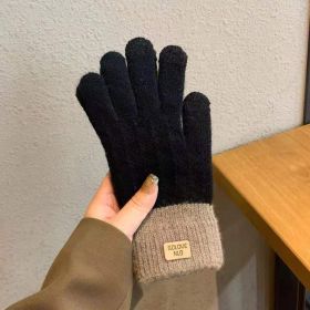 Winter Mittens Brown Striped Embroidered Warm Cycling Spot Universal Cartoon Gloves Ins (Color: Black)