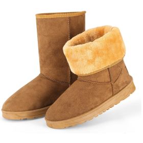 Women Ladies Snow Boots Waterproof Faux Suede Mid-Calf Boots Fur Warm Lining Shoes for Winter (Color: Chestnut, size: 7)