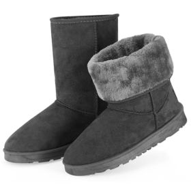 Women Ladies Snow Boots Waterproof Faux Suede Mid-Calf Boots Fur Warm Lining Shoes for Winter (Color: Grey, size: 8.0)