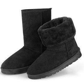 Women Ladies Snow Boots Waterproof Faux Suede Mid-Calf Boots Fur Warm Lining Shoes for Winter (Color: Black, size: 6.0)
